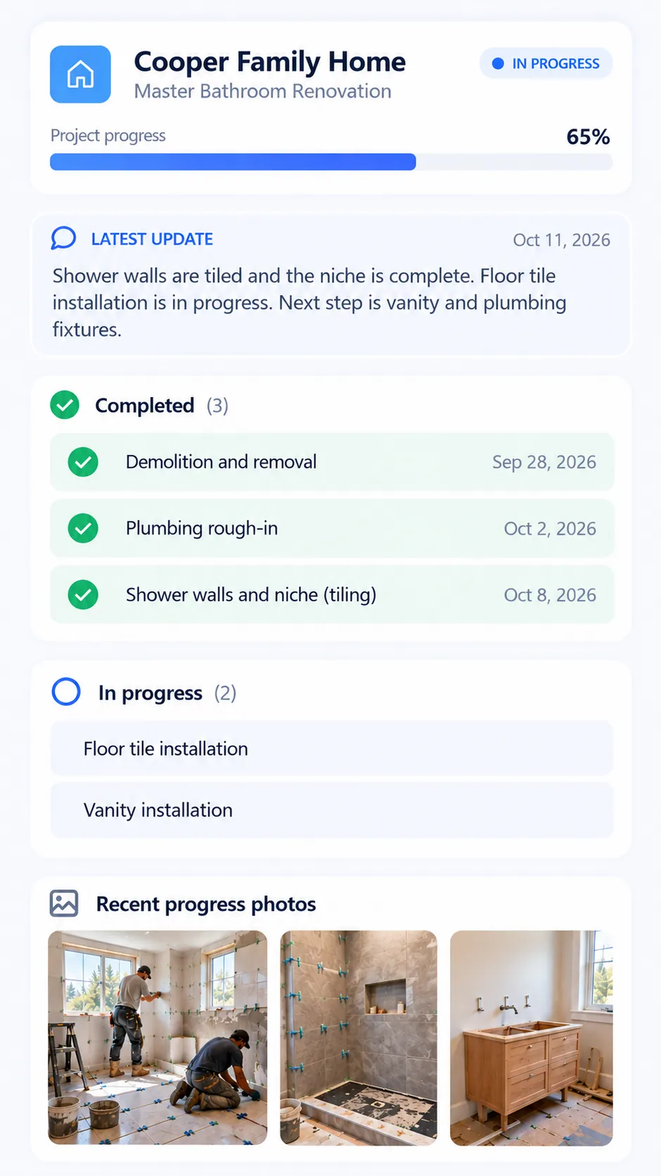 Client project page on a phone: progress, latest update, completed and in-progress stages, recent photos