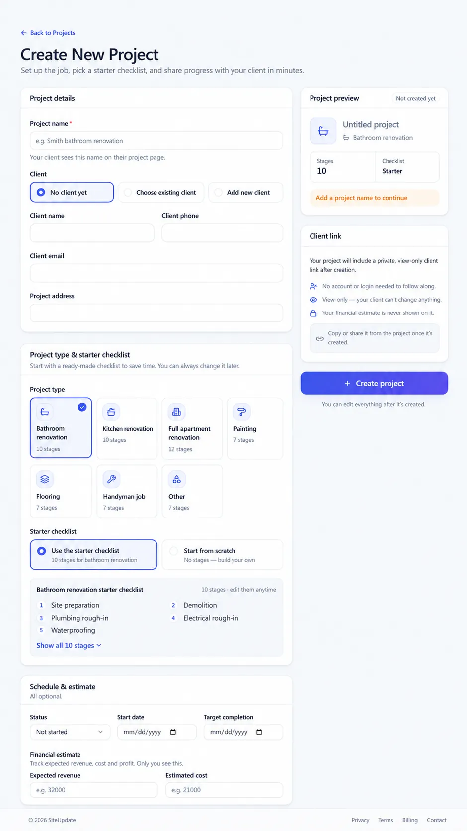Create New Project form with project type and starter checklist