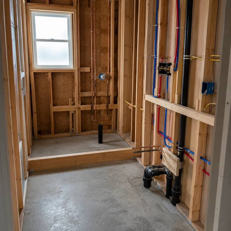 Bathroom plumbing and electrical rough-in progress