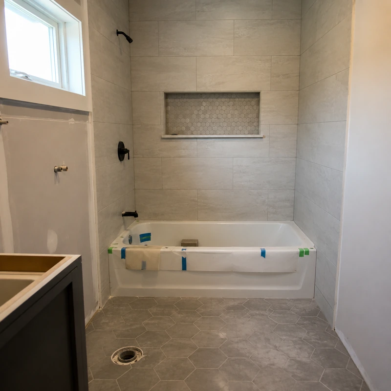 Bathroom tile installation in progress